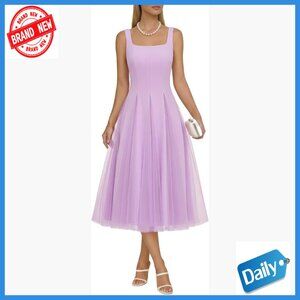 Square Neck Tulle Prom Dress Formal Wedding Guest Midi Fit & Flare